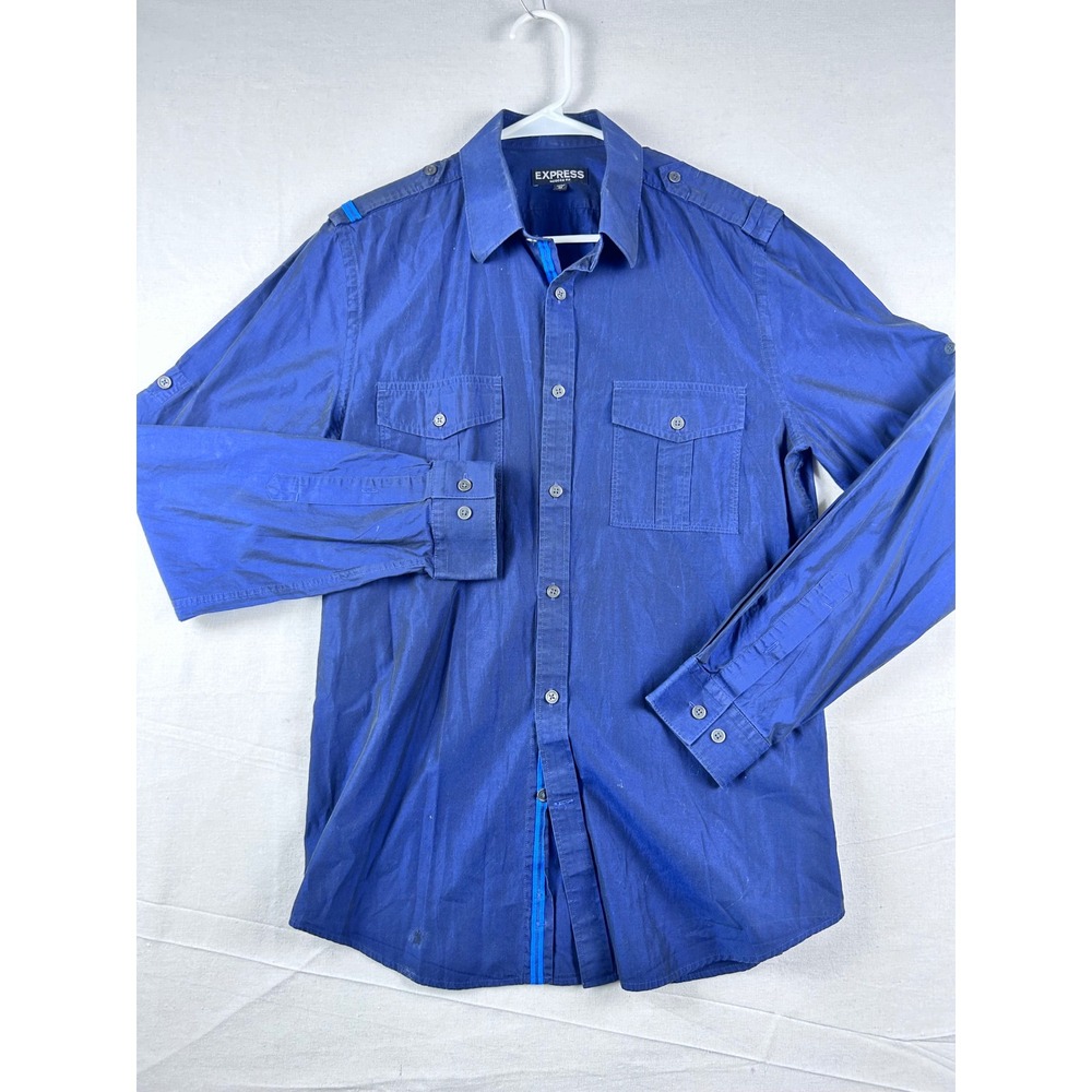 Express‎ Modern Fit Mens Blue Long Sleeve Button Down Military Shirt M 400246